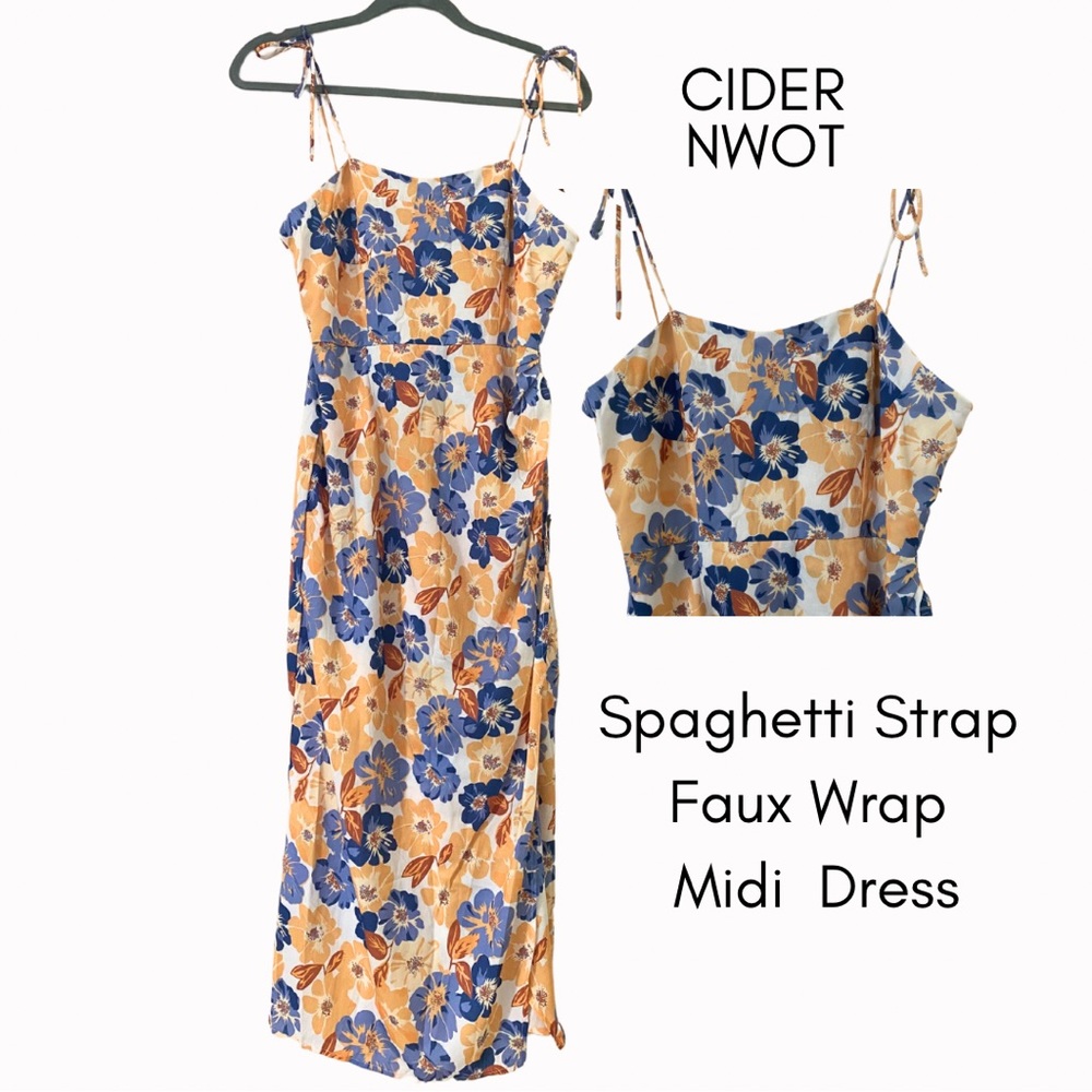 Cider Yellow and Blue Floral Midi Faux Wrap Dress | Large